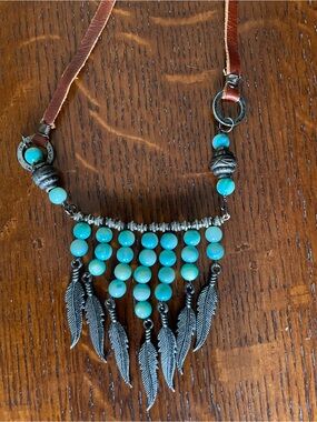 Boho Turquoise Beaded Necklace with Feather Charms